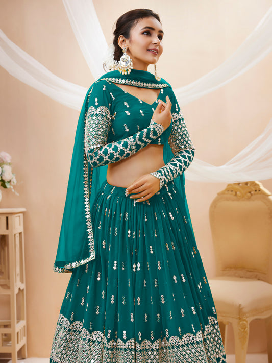 Teal blue color georgette lehenga choli with dupatta