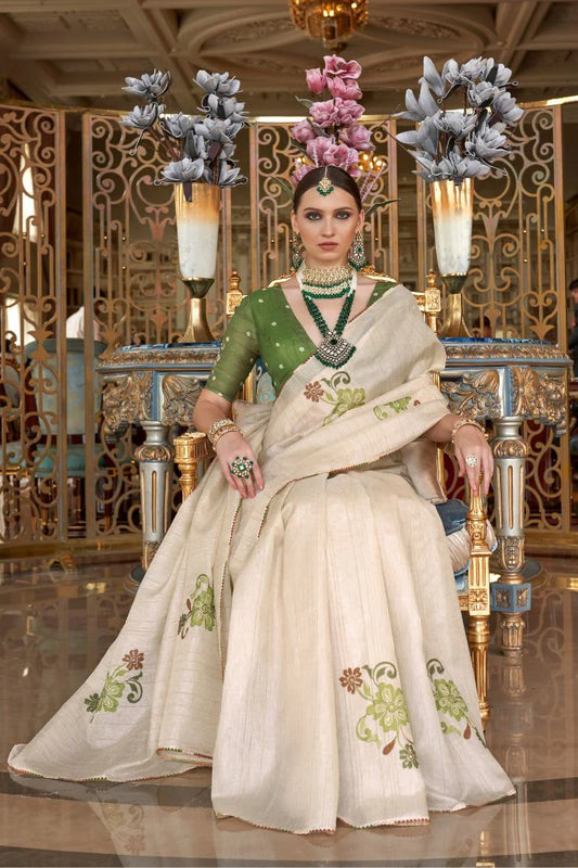 Beige color tussar silk saree for women online