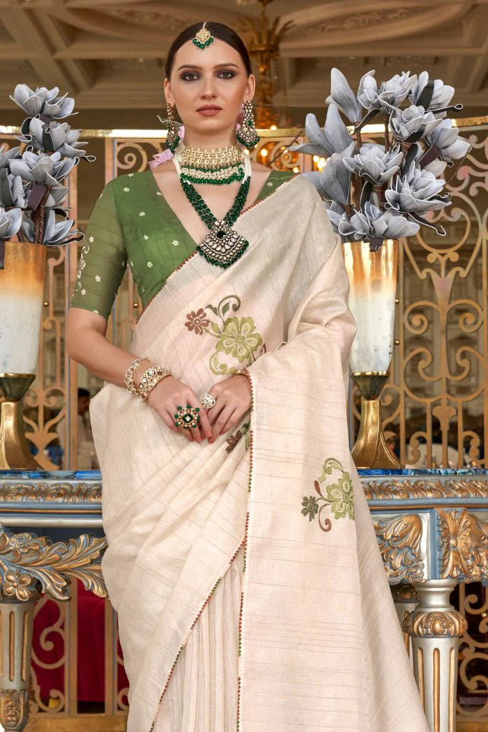 Beige color tussar silk saree for wedding