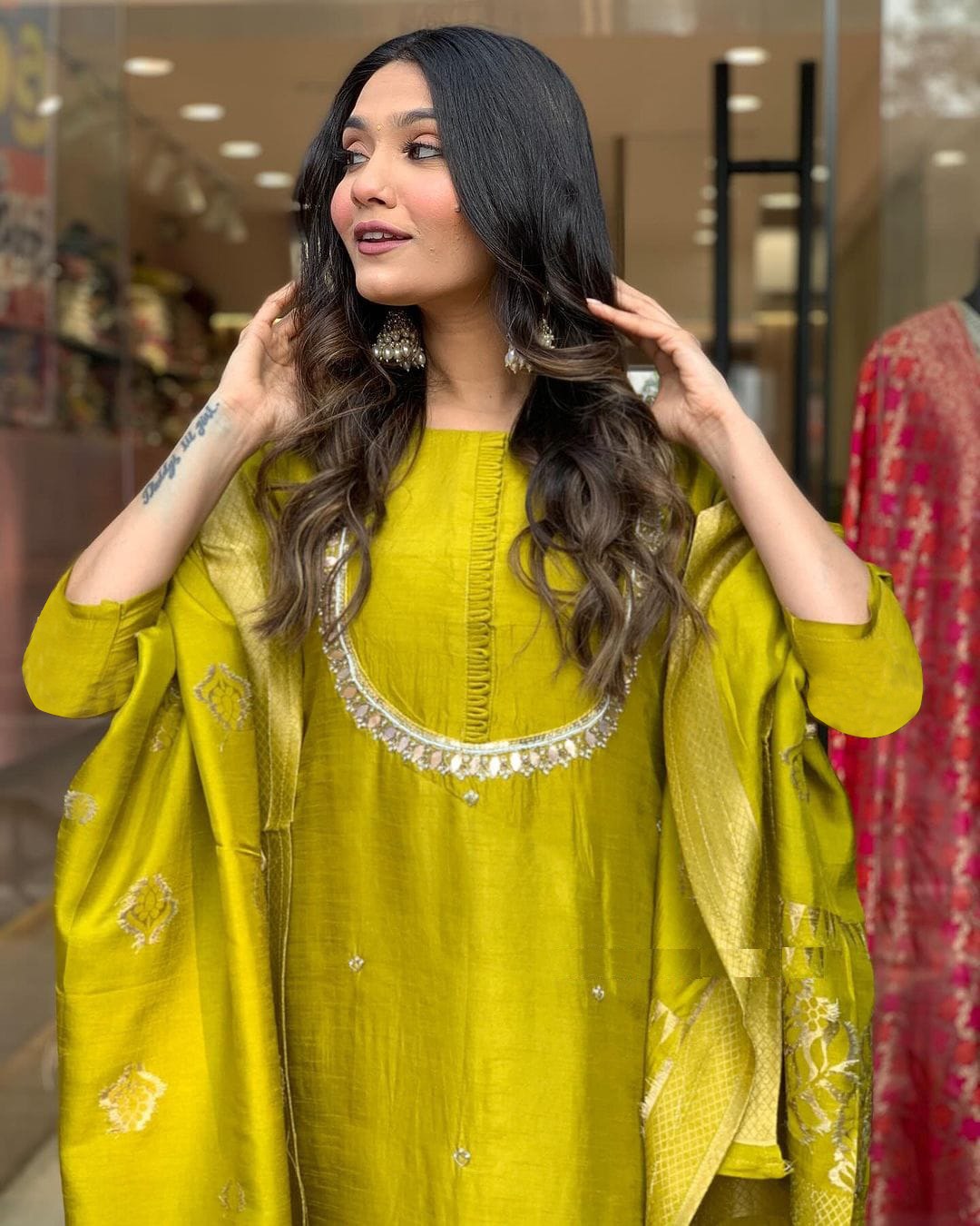 Yellow viscose chanderi salwar suit for wedding