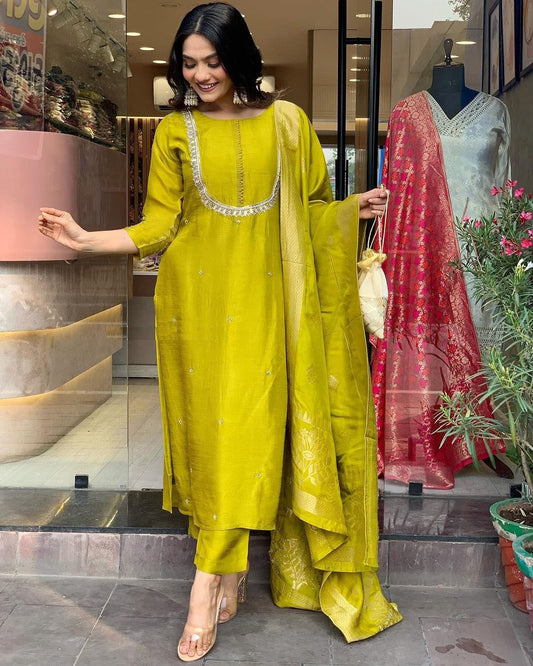 Yellow viscose chanderi salwar suit images
