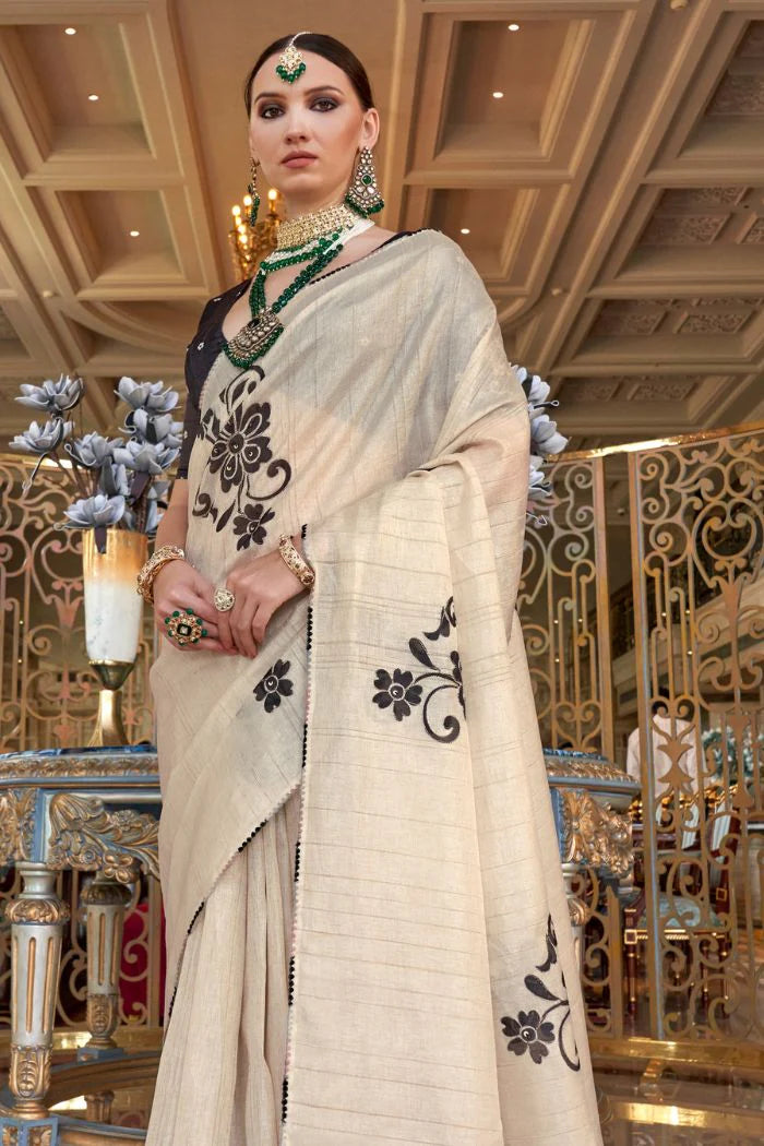 Beige color tussar silk saree for women online shopping