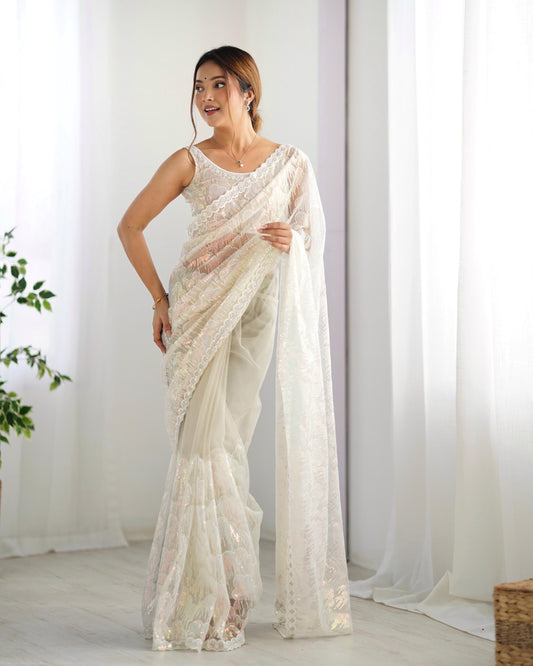 Cream Net Saree look for wedding
