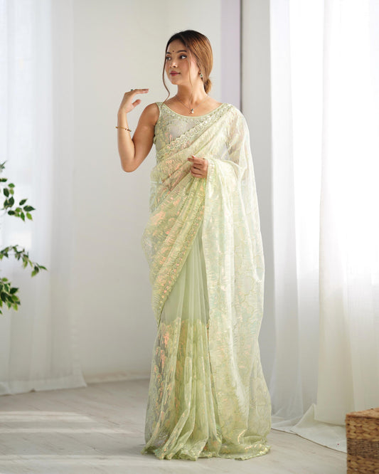 Pista color mono net saree for women online shopping
