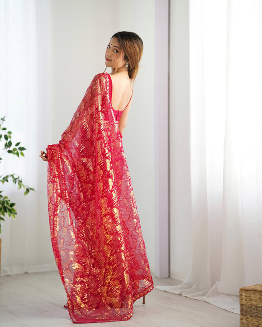 Pink color mono net saree for wedding