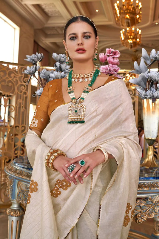 Beige color tussar silk hand touched work saree for wedding