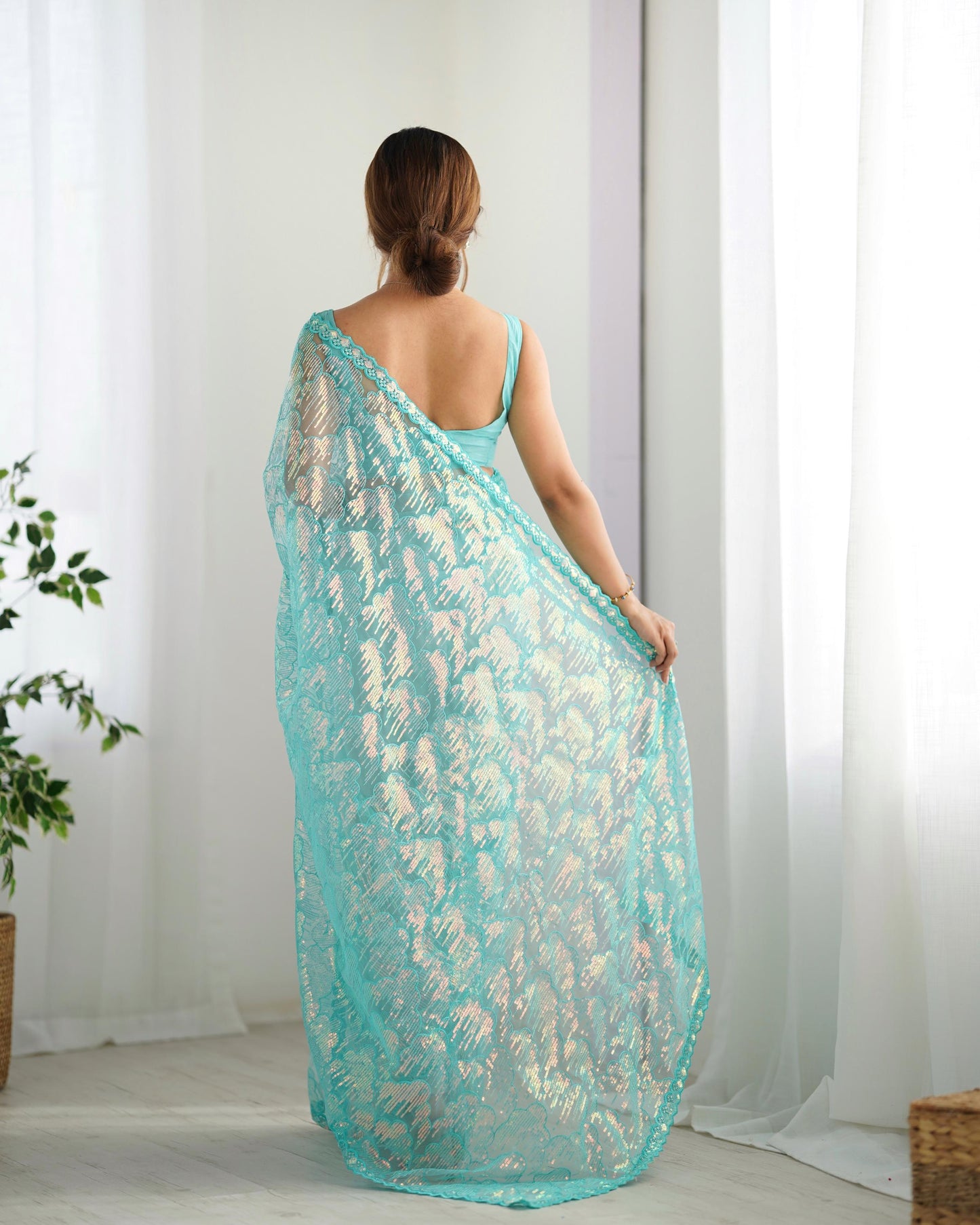 Sky blue color mono net saree online