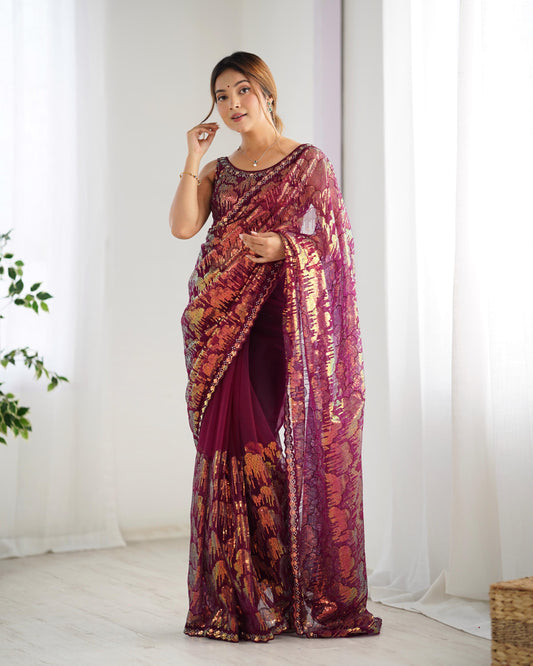 Wine color mono net saree for women online shopping