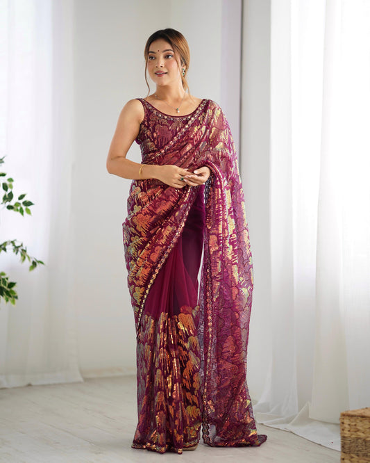 Wine colour sequins work saree design