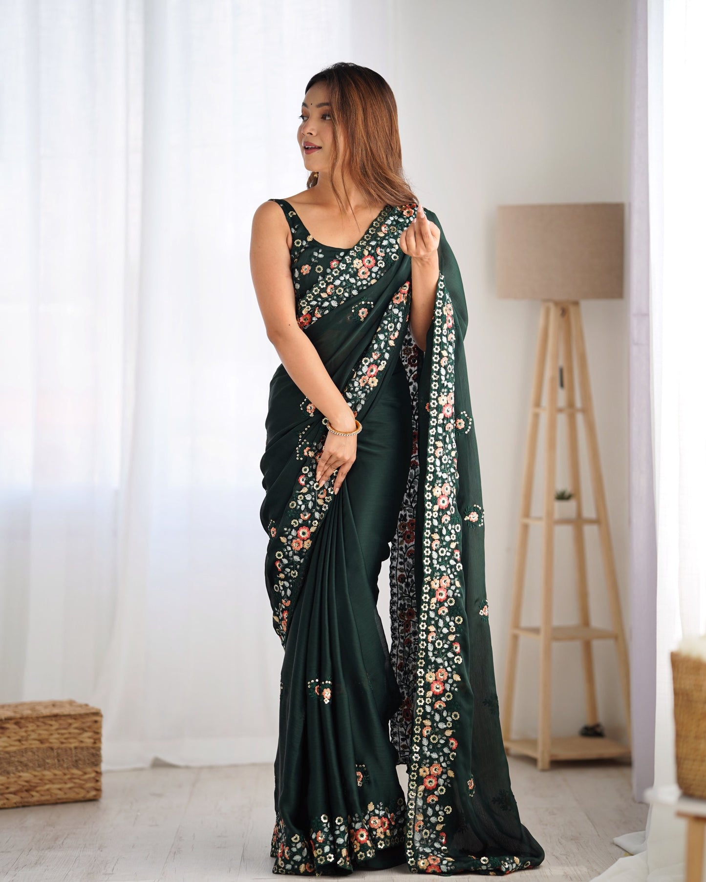 Dark Green Chiffon Saree