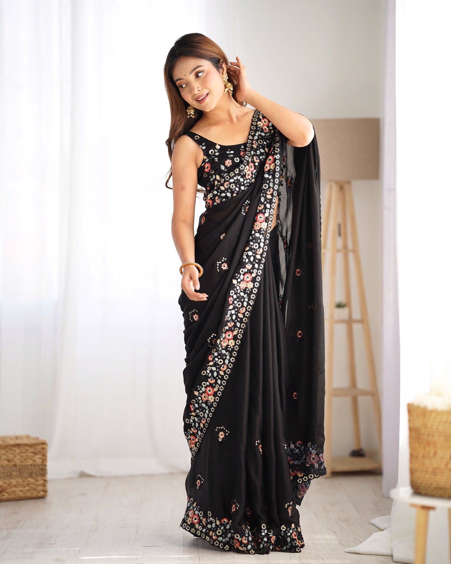 Black satin chiffon saree for women with price