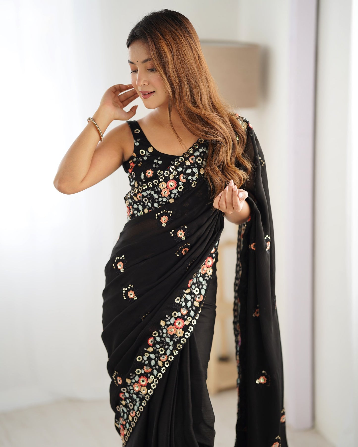 Black satin chiffon saree images