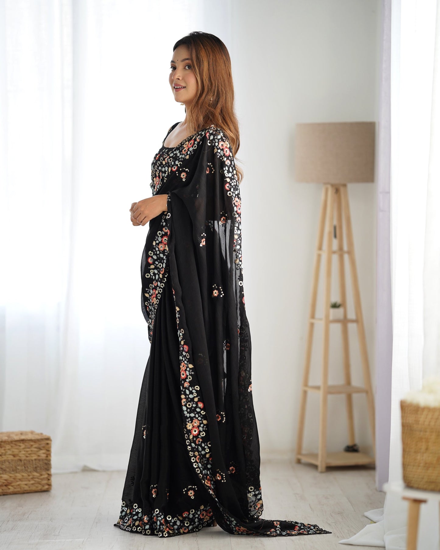 Black satin chiffon saree for wedding
