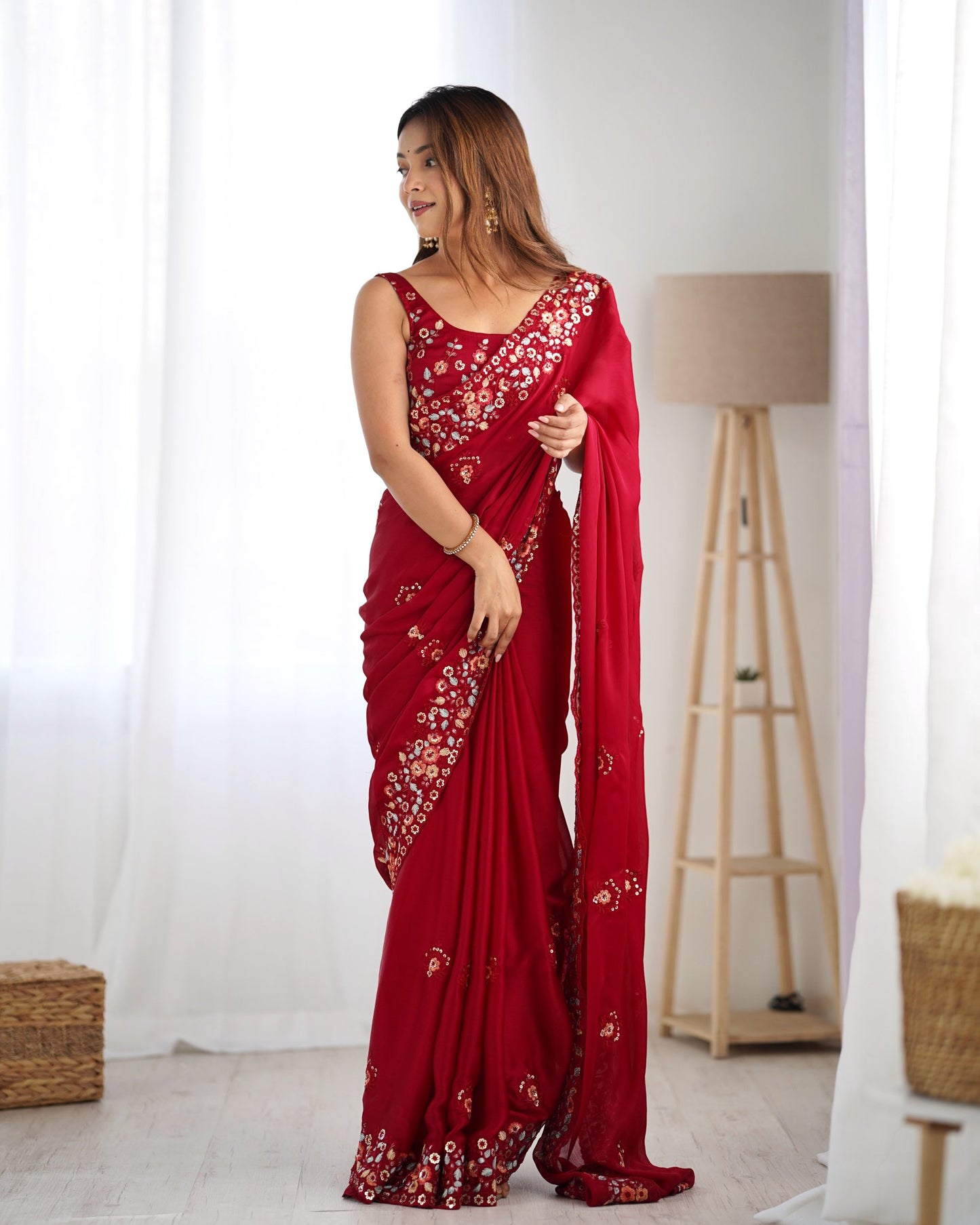 Maroon color satin chiffon weaving saree for party