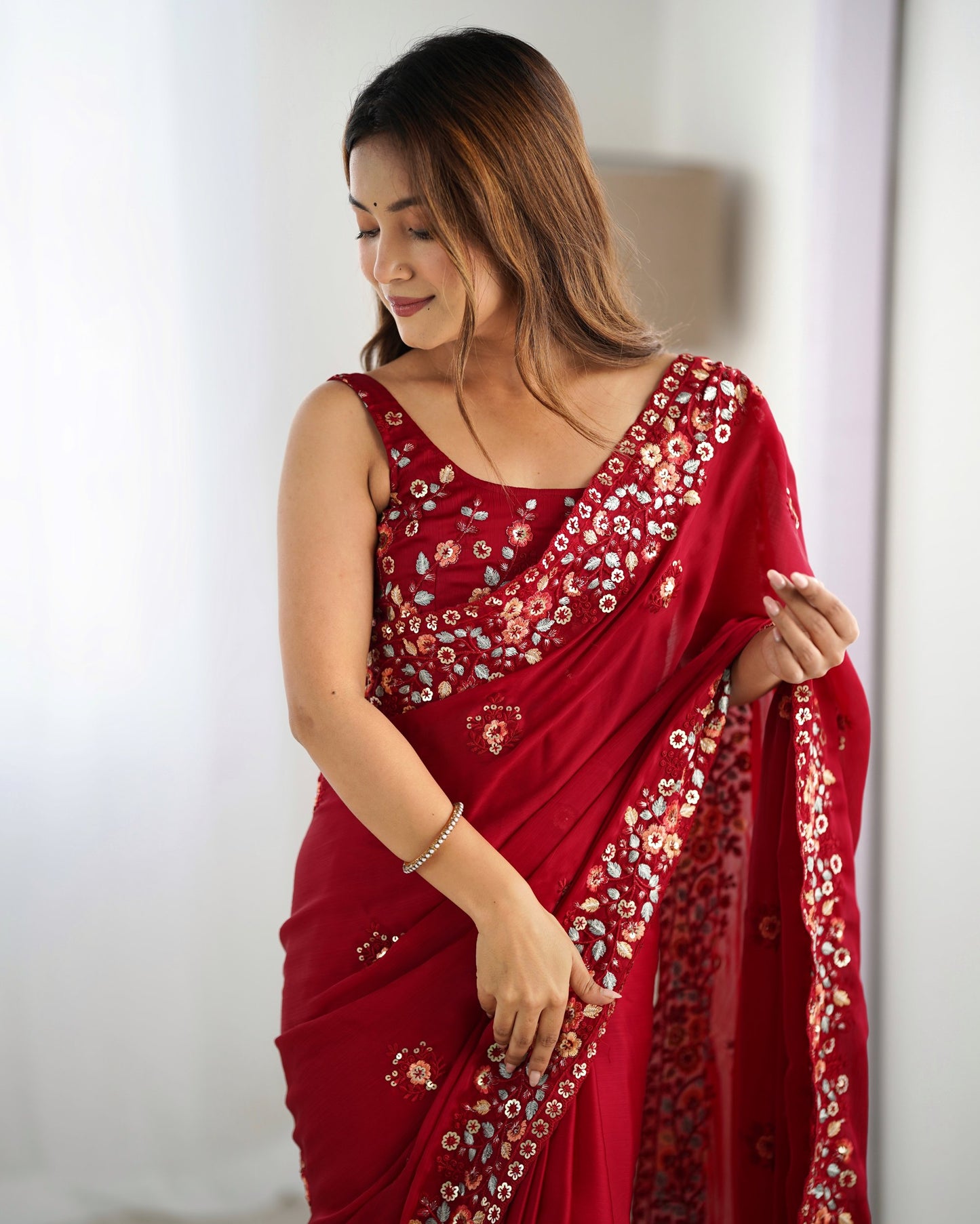 Maroon color satin chiffon saree online shopping