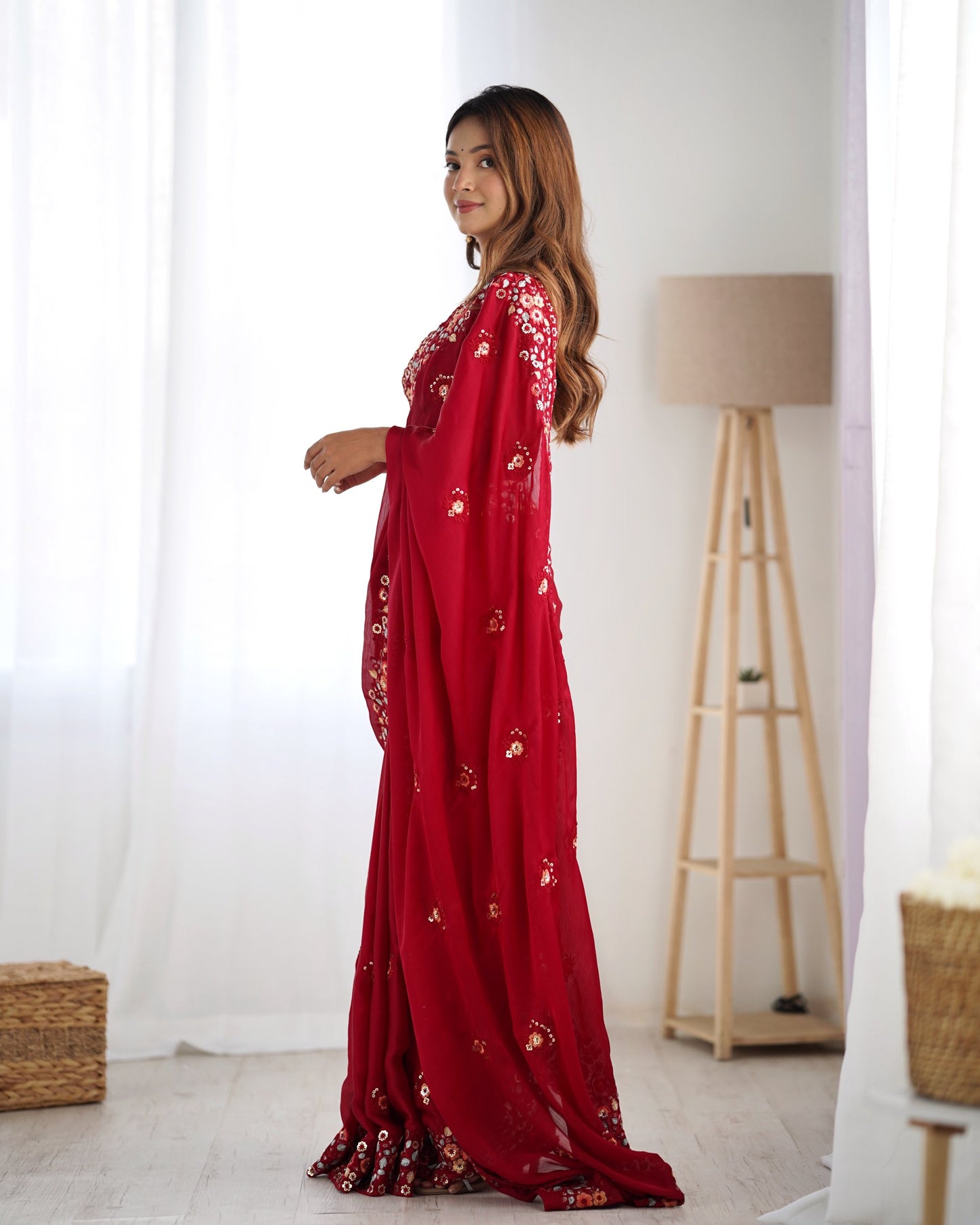 Maroon color satin chiffon saree online