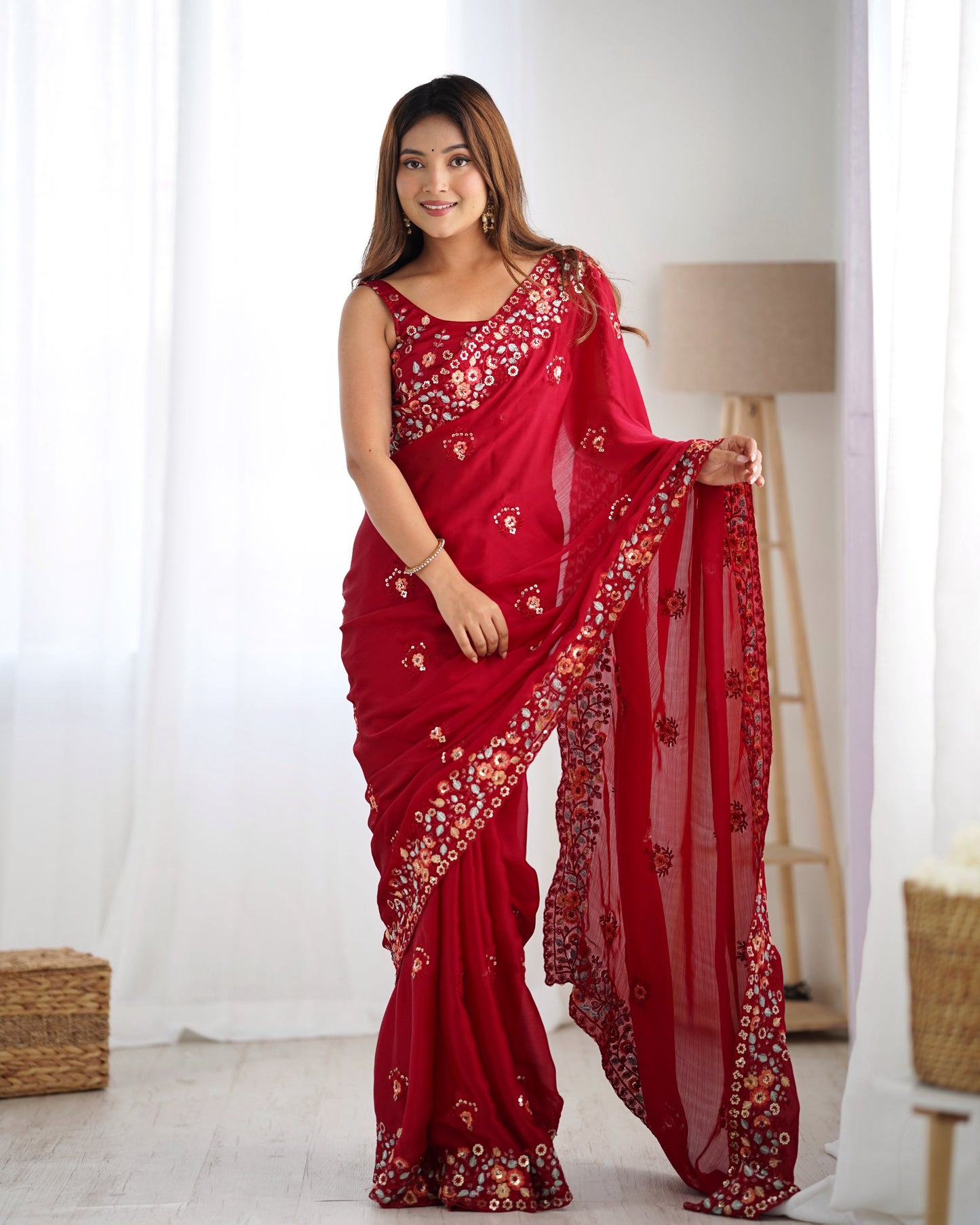 Maroon color satin chiffon saree for wedding