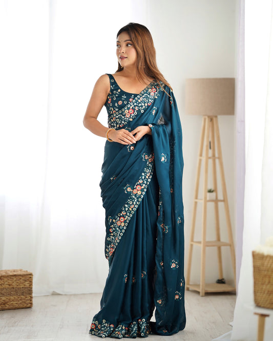 Teal blue color satin chiffon saree images