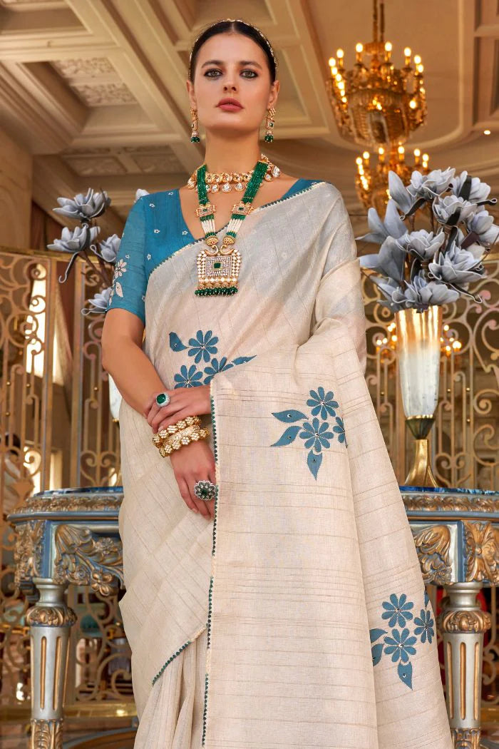 Beige color tussar silk hand touched work saree for women online