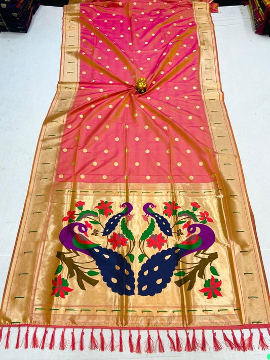 Peach color paithani silk saree for wedding