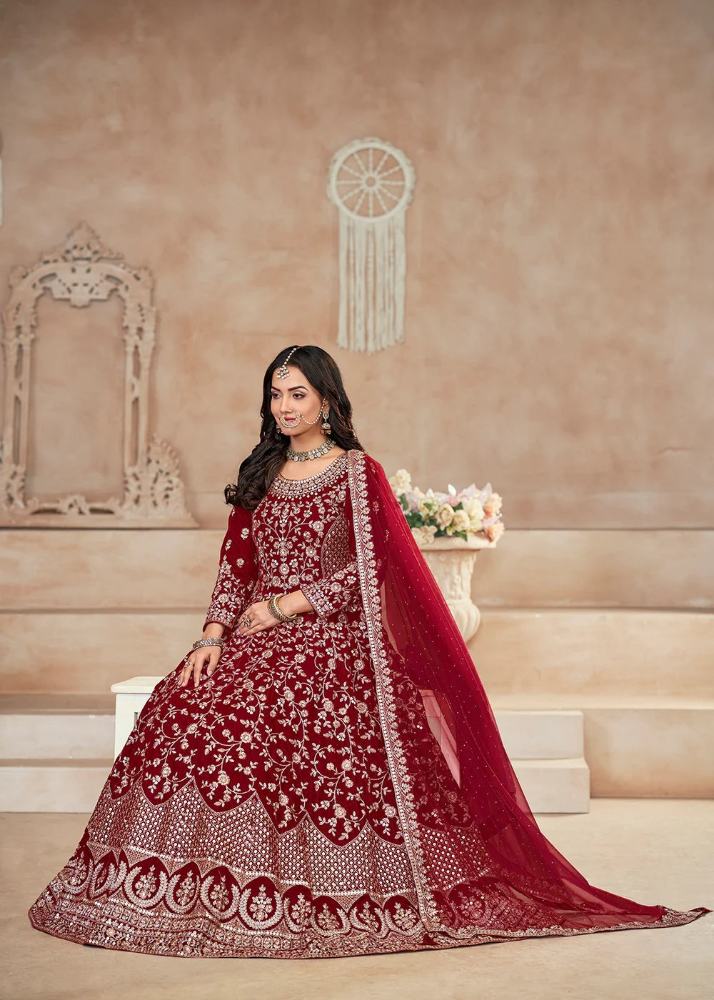 Red color art silk gown for wedding