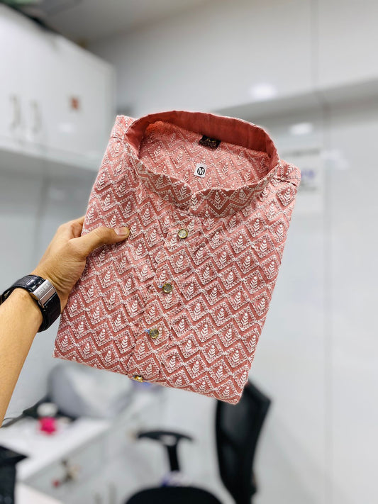 pink lucknowi mens kurta pajama set