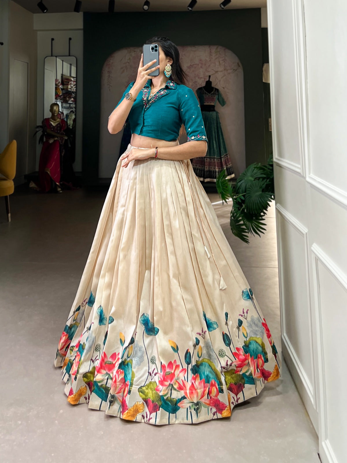 Beige tussar silk lehenga choli for women online
