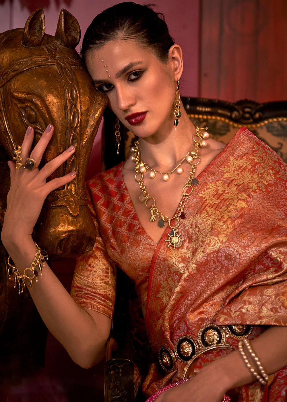 Rust color handloom silk saree online shopping