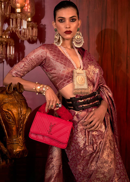 Onion color handloom silk saree with blouse