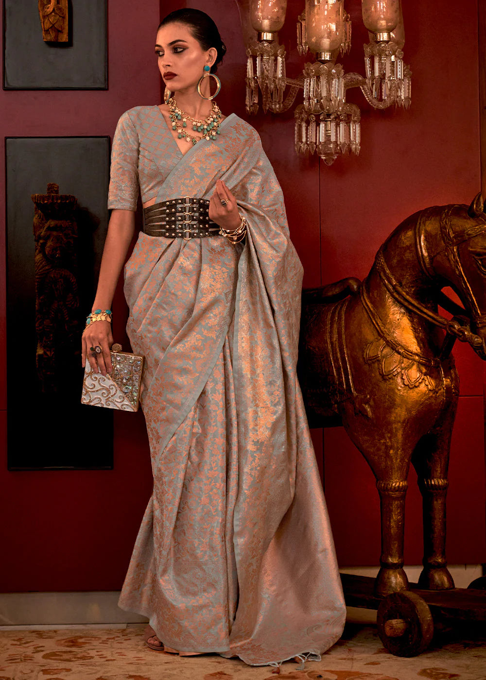 Grey color handloom silk weaving saree for women price
