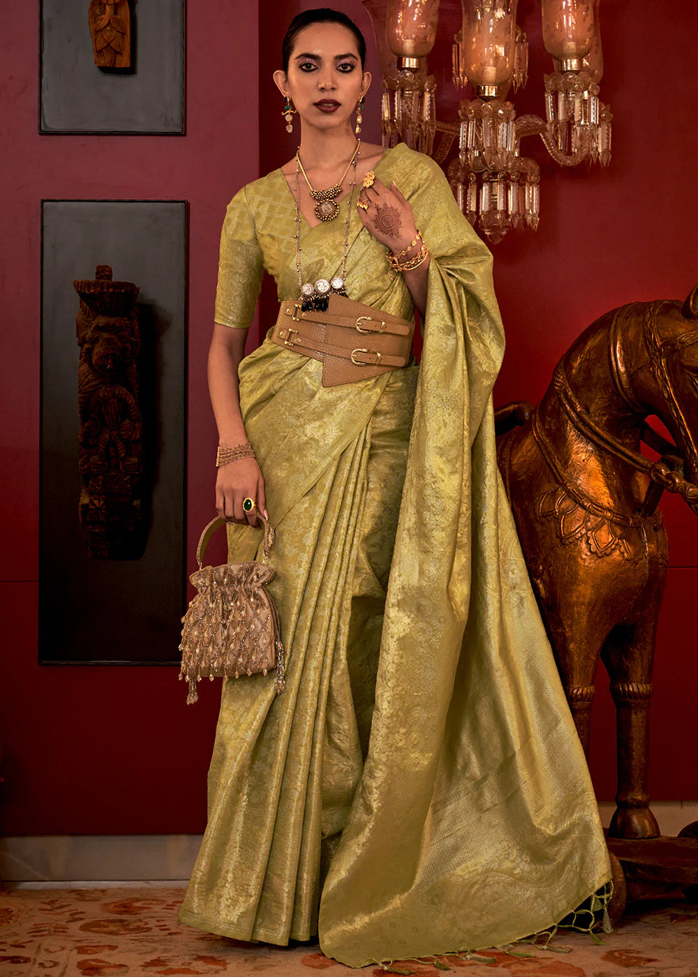 Mehendi color handloom silk weaving saree for women online