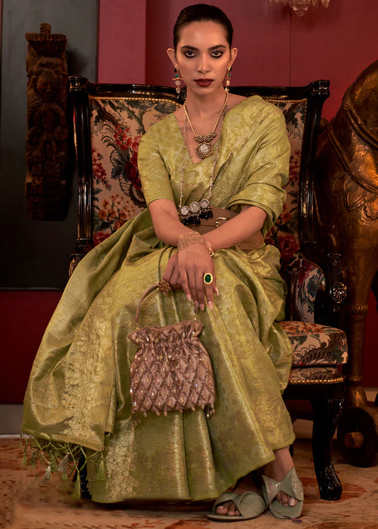 Mehendi color handloom silk weaving saree for wedding