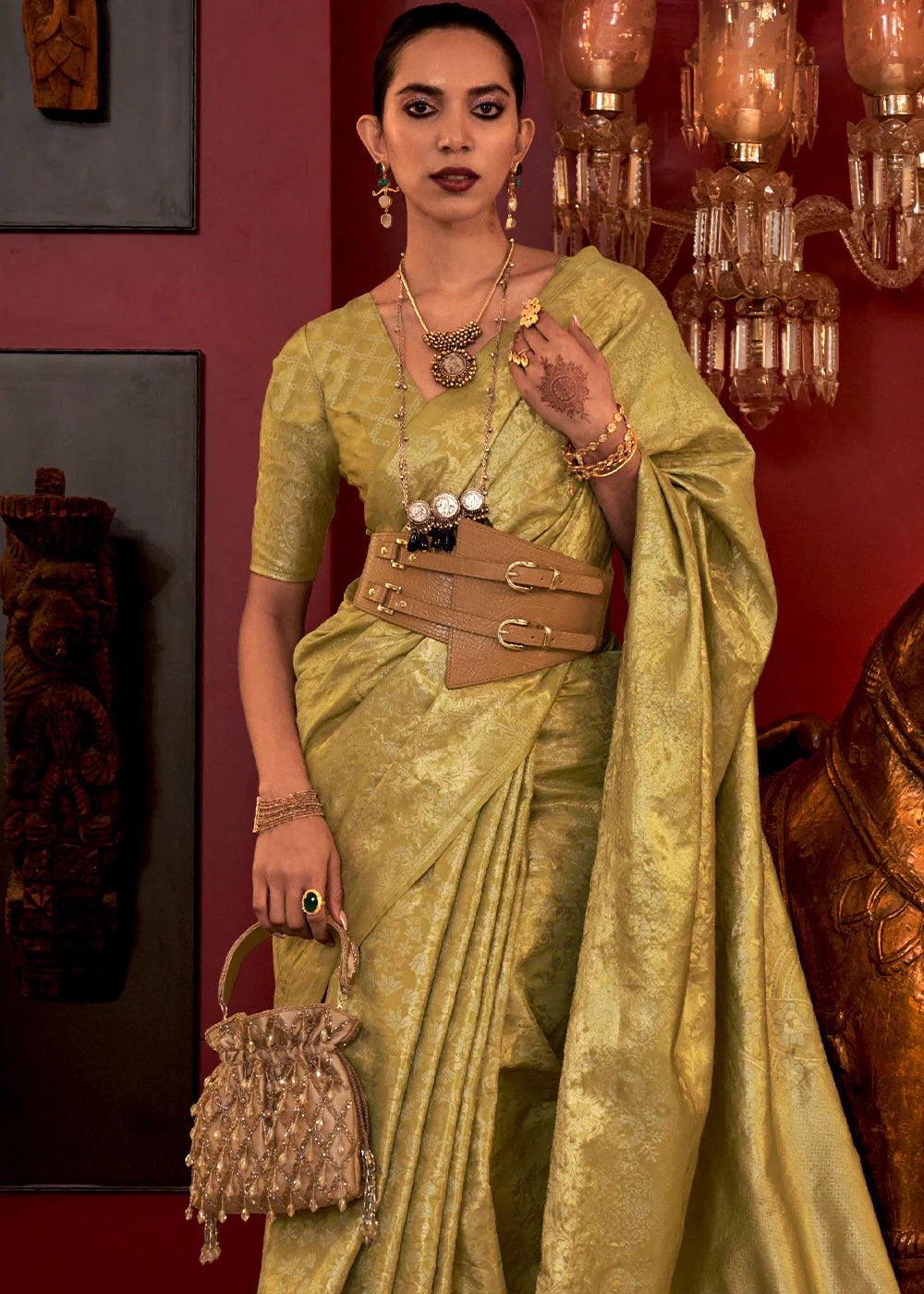 Mehndi colour Saree Party Wear
