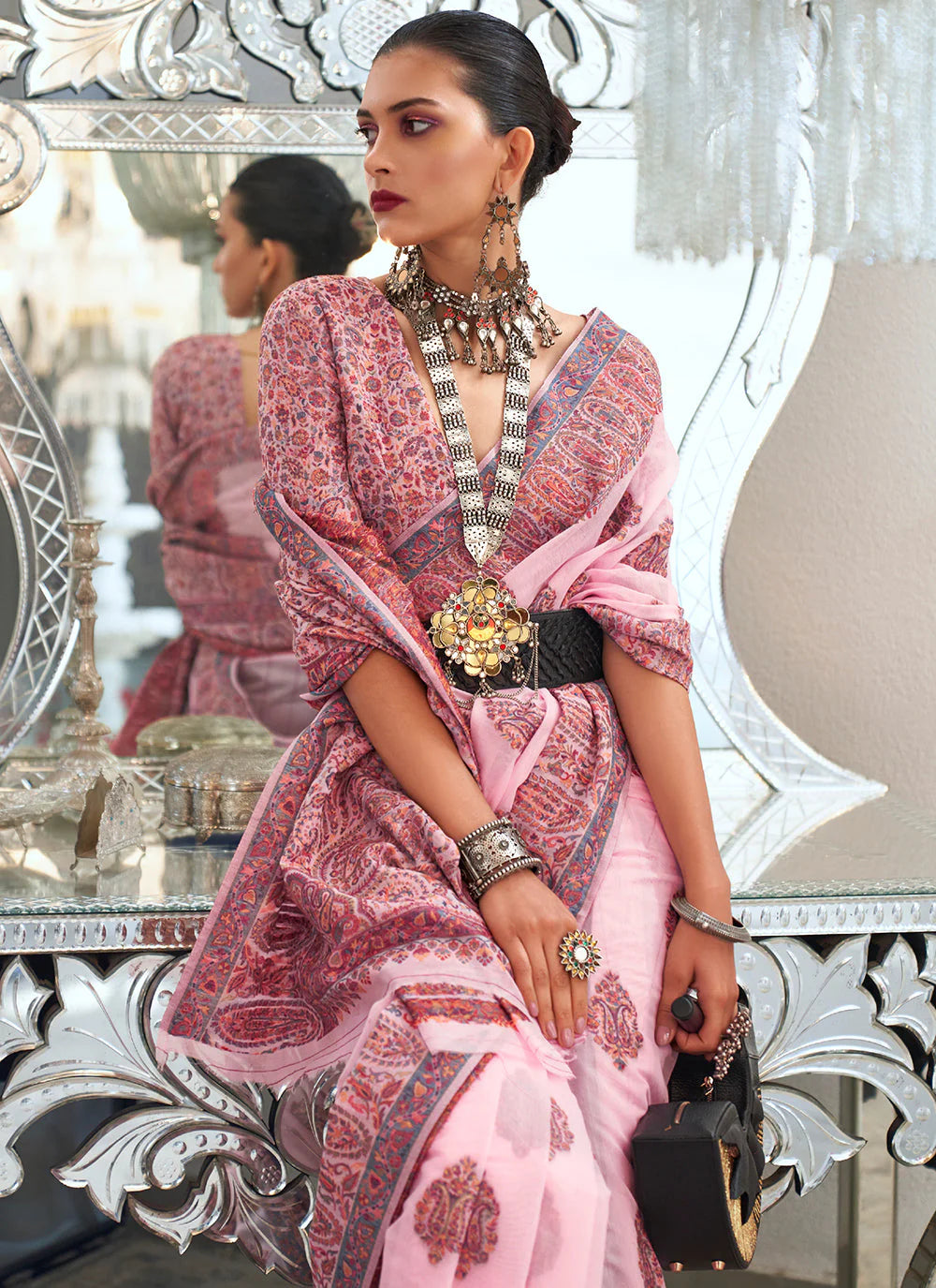 Pink color handloom silk weaving saree images