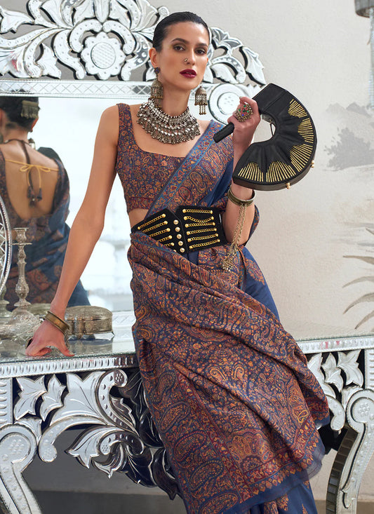 Navy blue color handloom silk weaving saree with blouse price