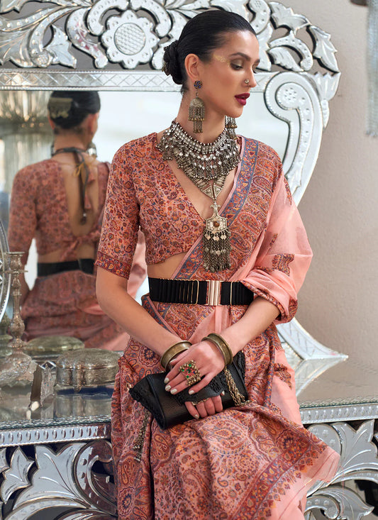 Peach color handloom silk saree with blouse online shopping