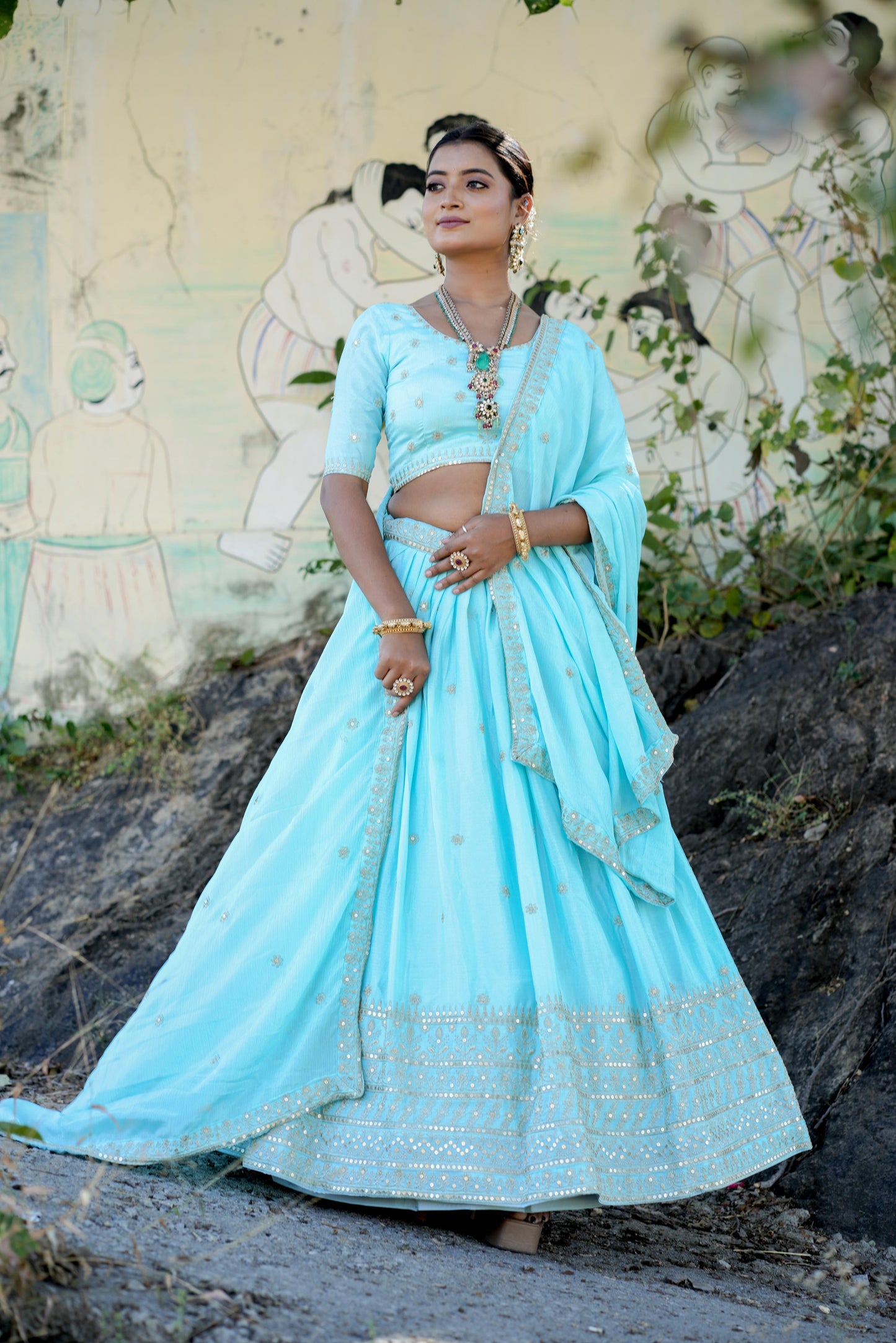 Sky color chinon lehenga choli with dupatta price