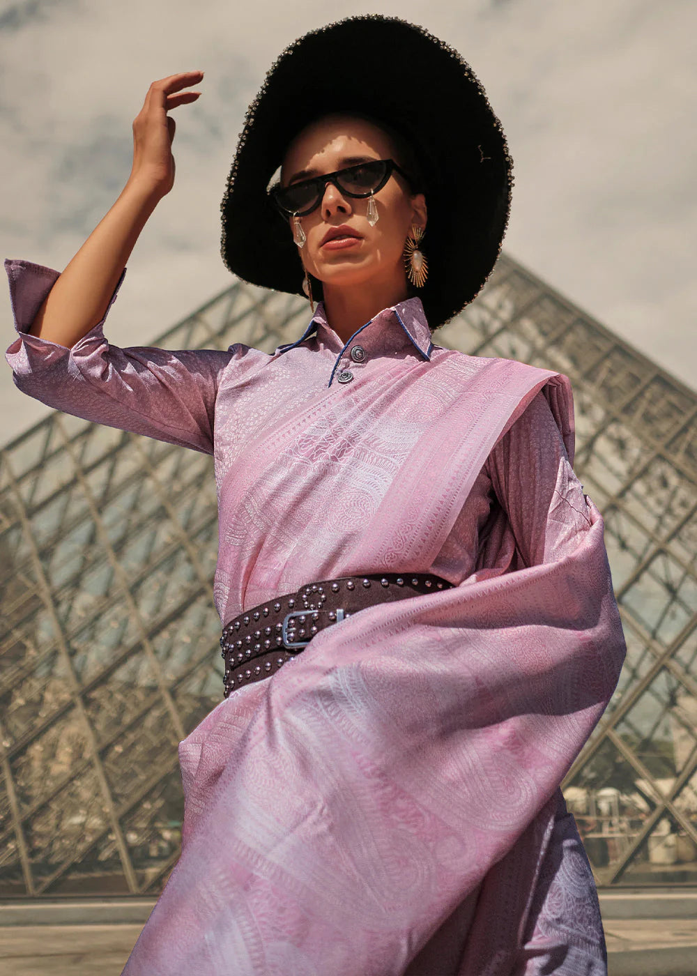 Pink color satin silk saree with blouse price