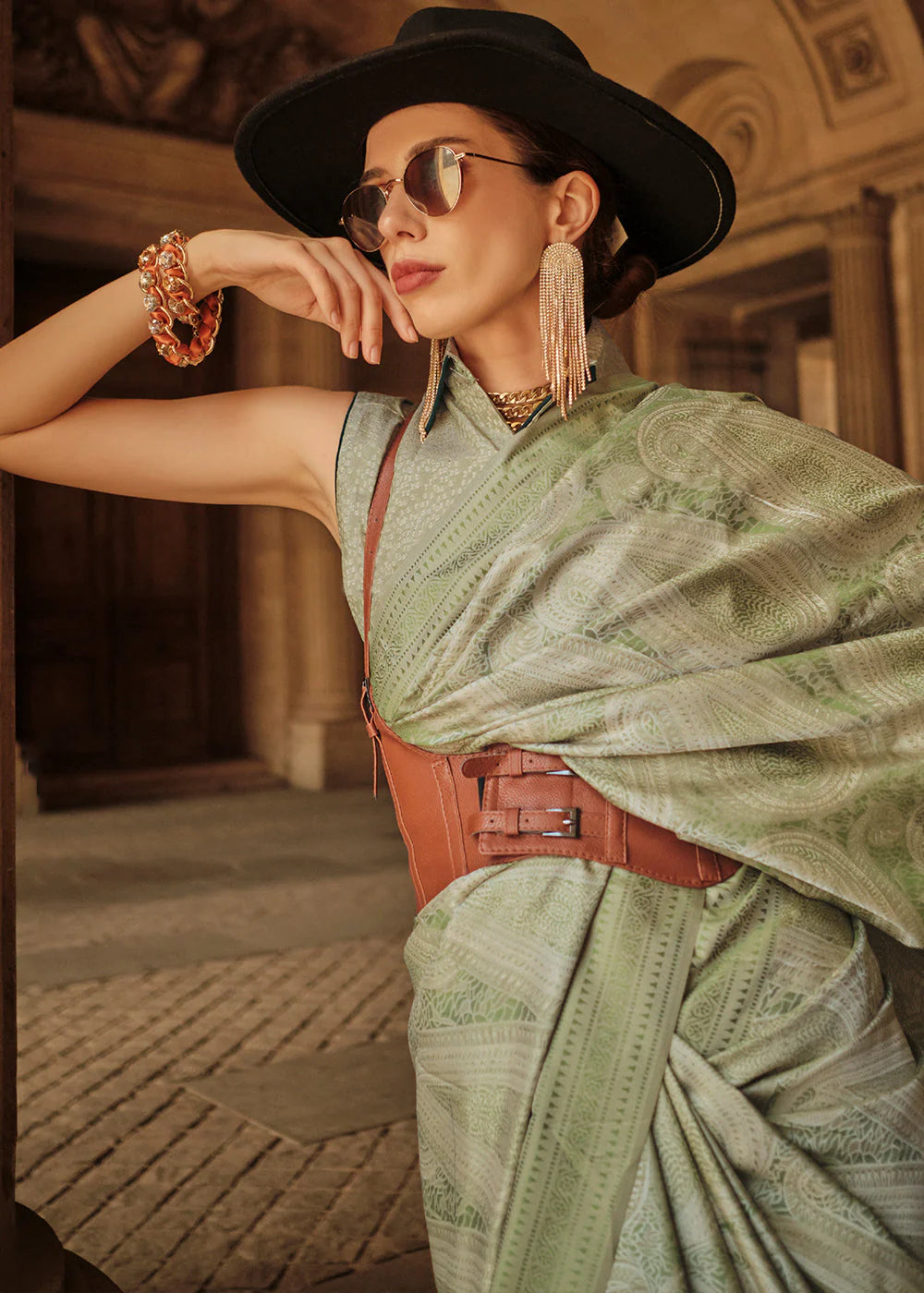 Green color satin silk saree with blouse images