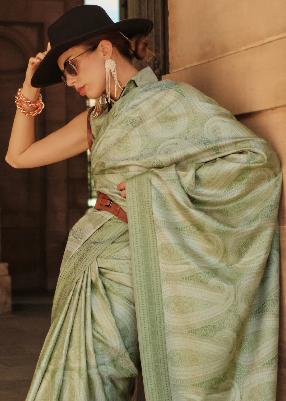 Green color satin silk saree for wedding