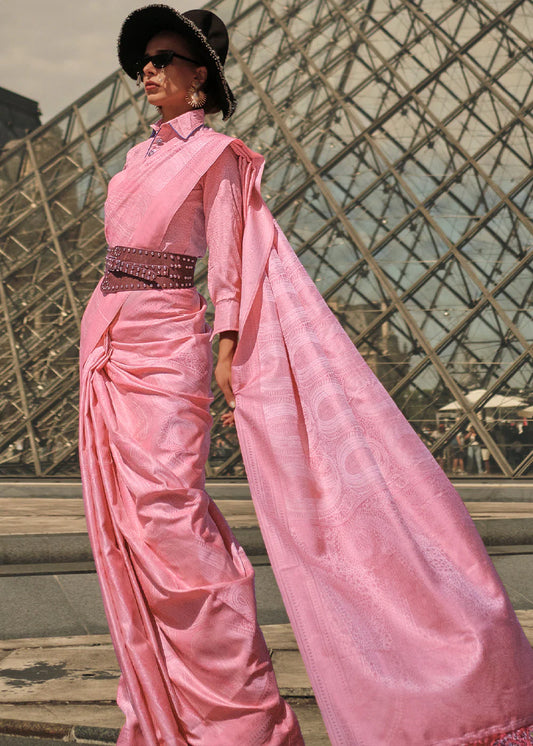 Pink color satin silk saree with blouse price
