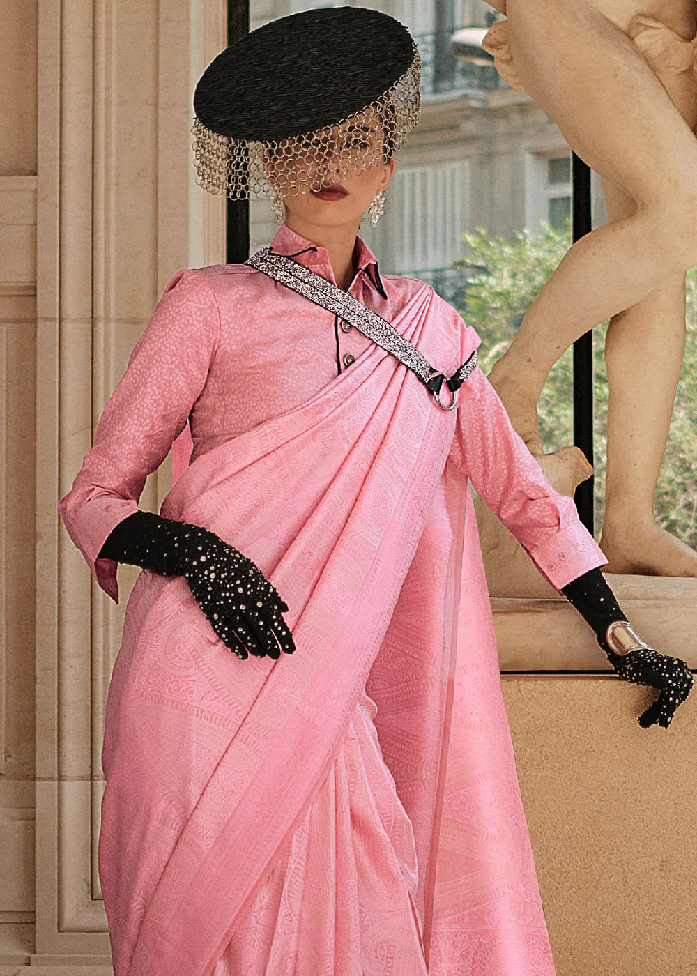 Pink color satin silk saree with blouse images