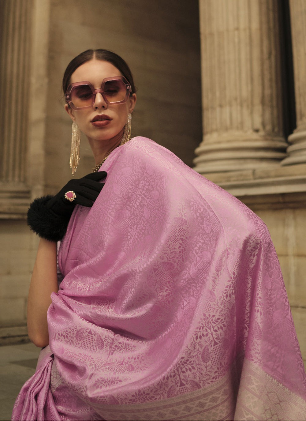 Pink satin silk weaving saree for women price