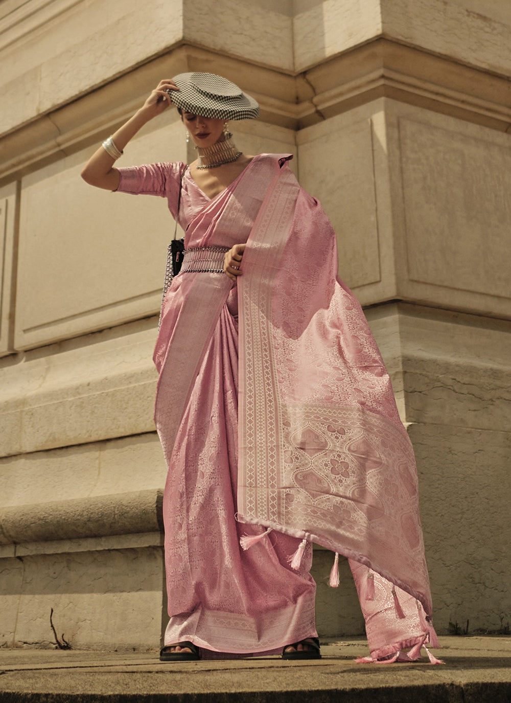 Pure peach satin silk weaving saree for women