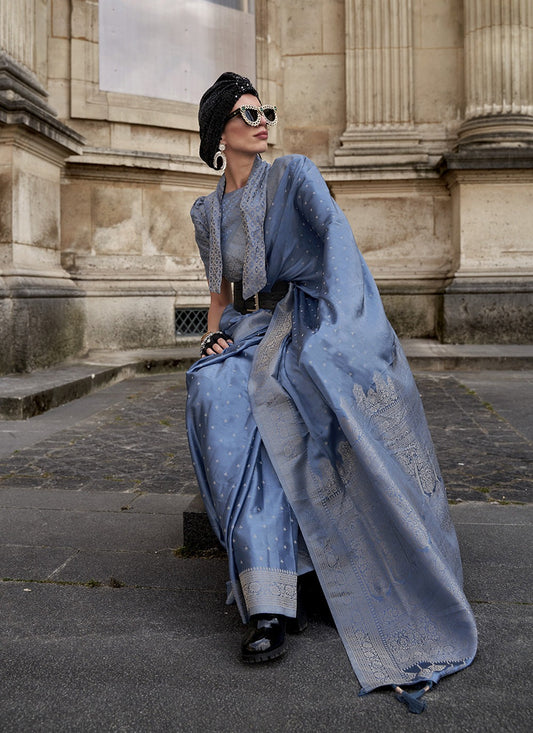 Blue color satin nylon silk saree for women online