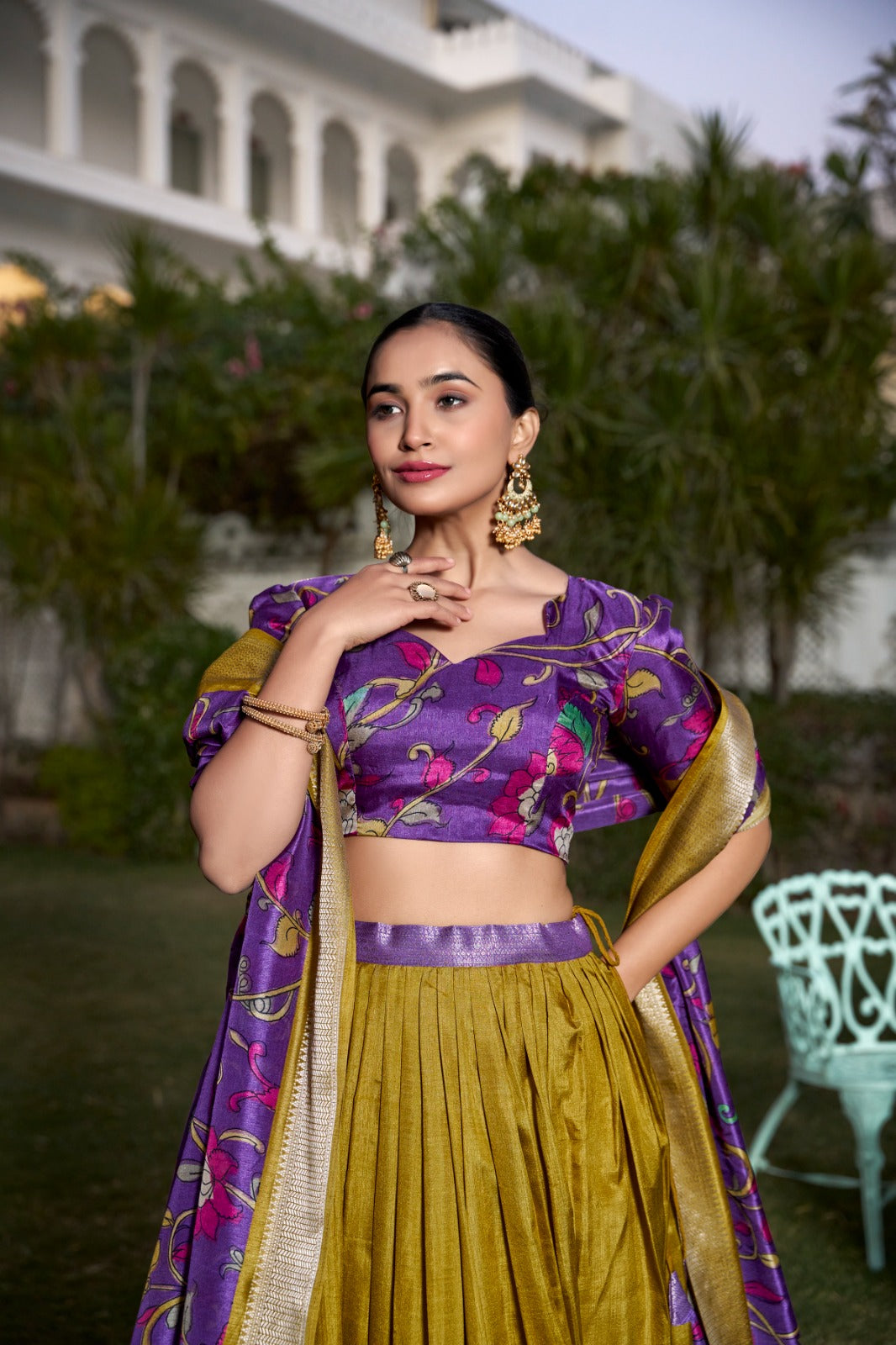 Mustard color dola silk printed lehenga choli for wedding