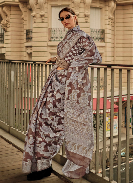 Pure brown linen saree for women