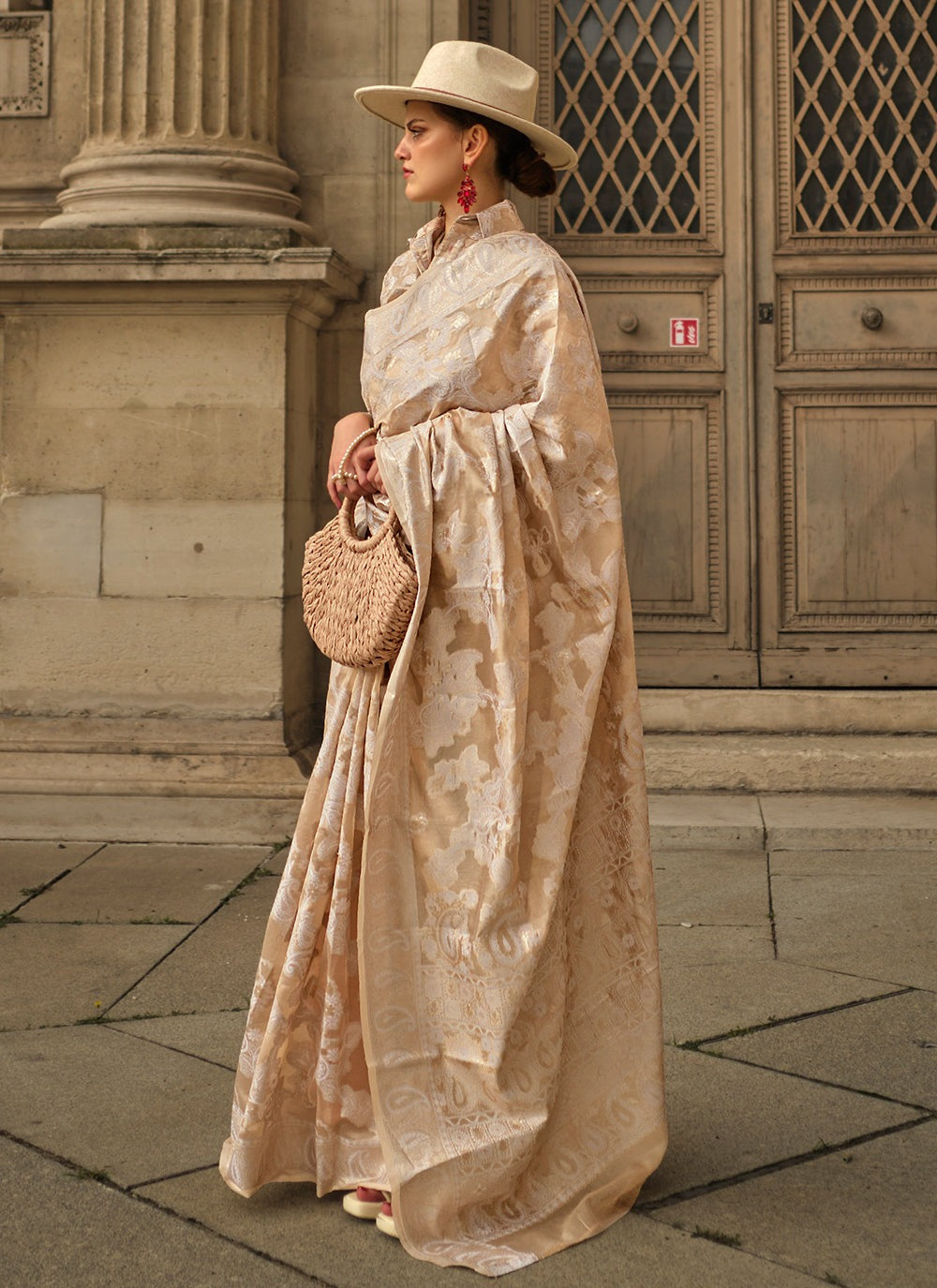 Pure beige linen saree for women