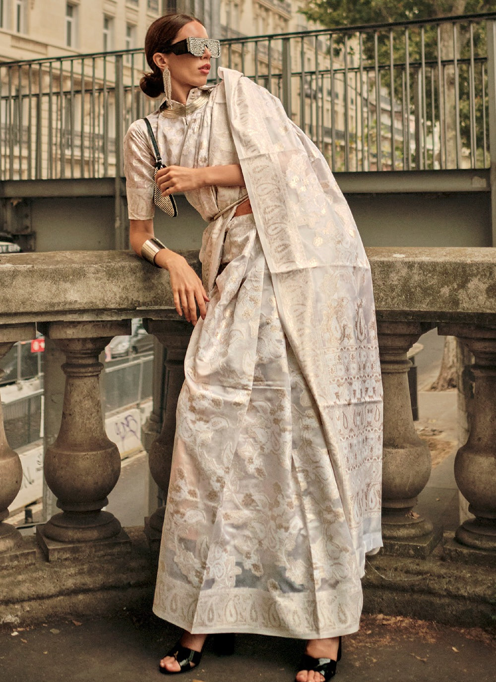 Beige Organza Saree Party Wear