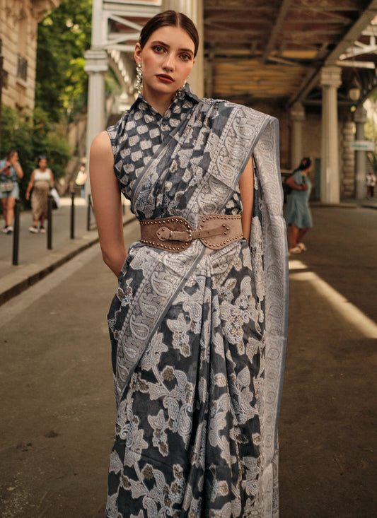 Plain black organza saree for women